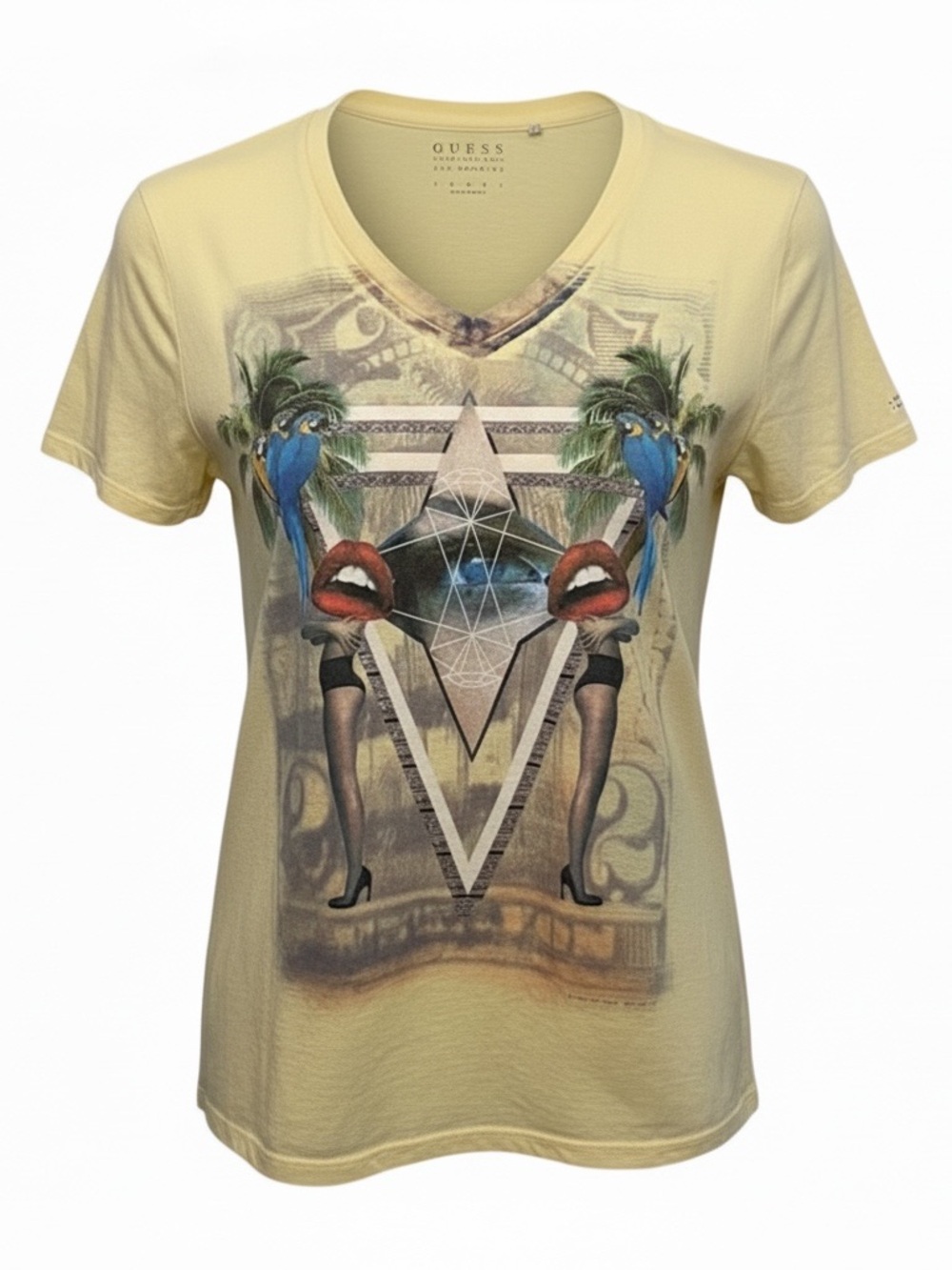 GUESS Graphic Tee Small Yellow V-Neck Parrot Lips Surreal Art Shirt